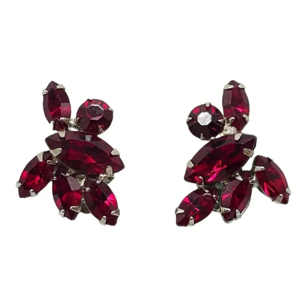 Faceted Teardrop Deep Red Crystals Cluster Clip-On Statement Earrings